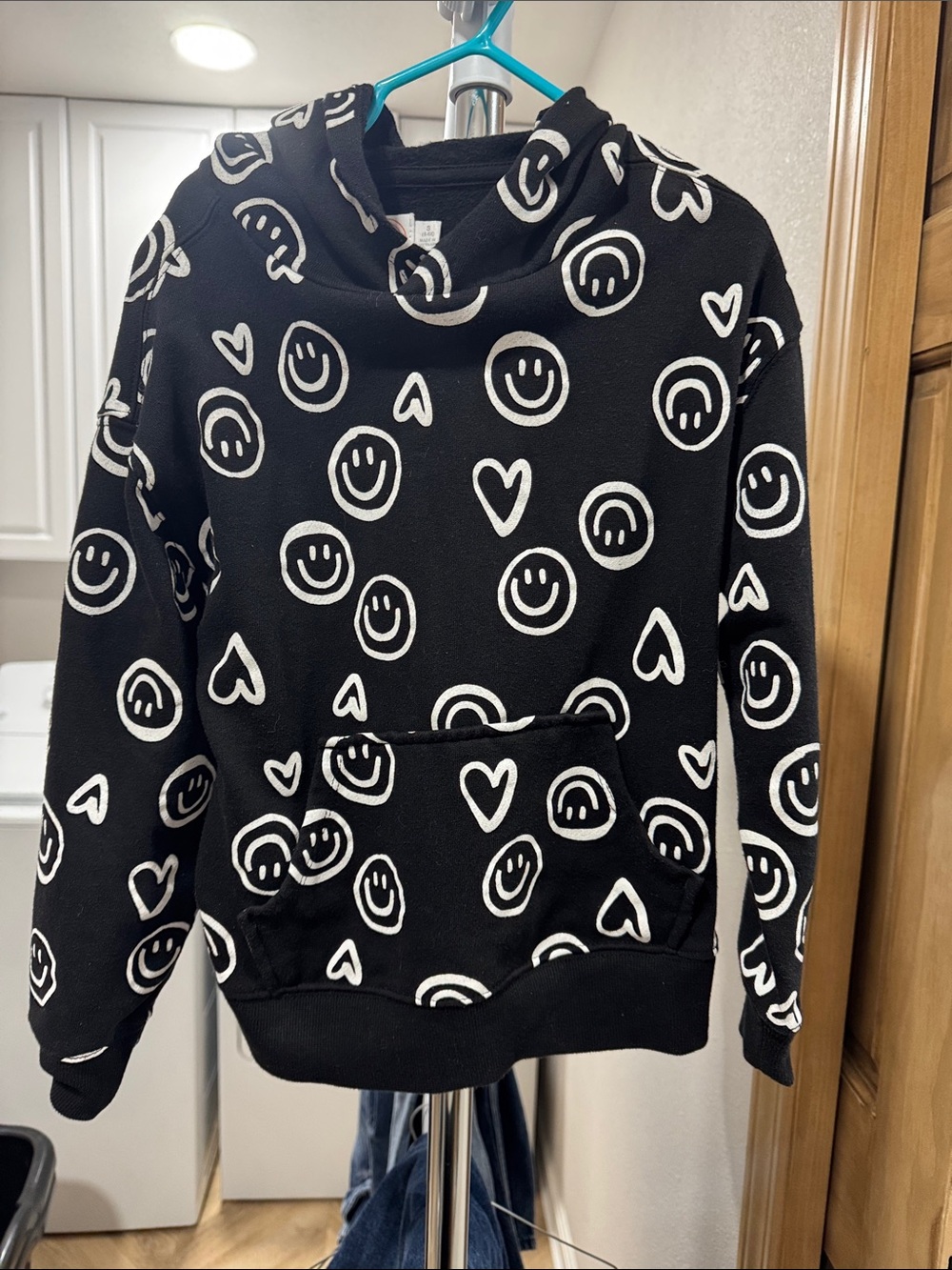 wonder nation Black Hoodie with White Smiley & Heart Print